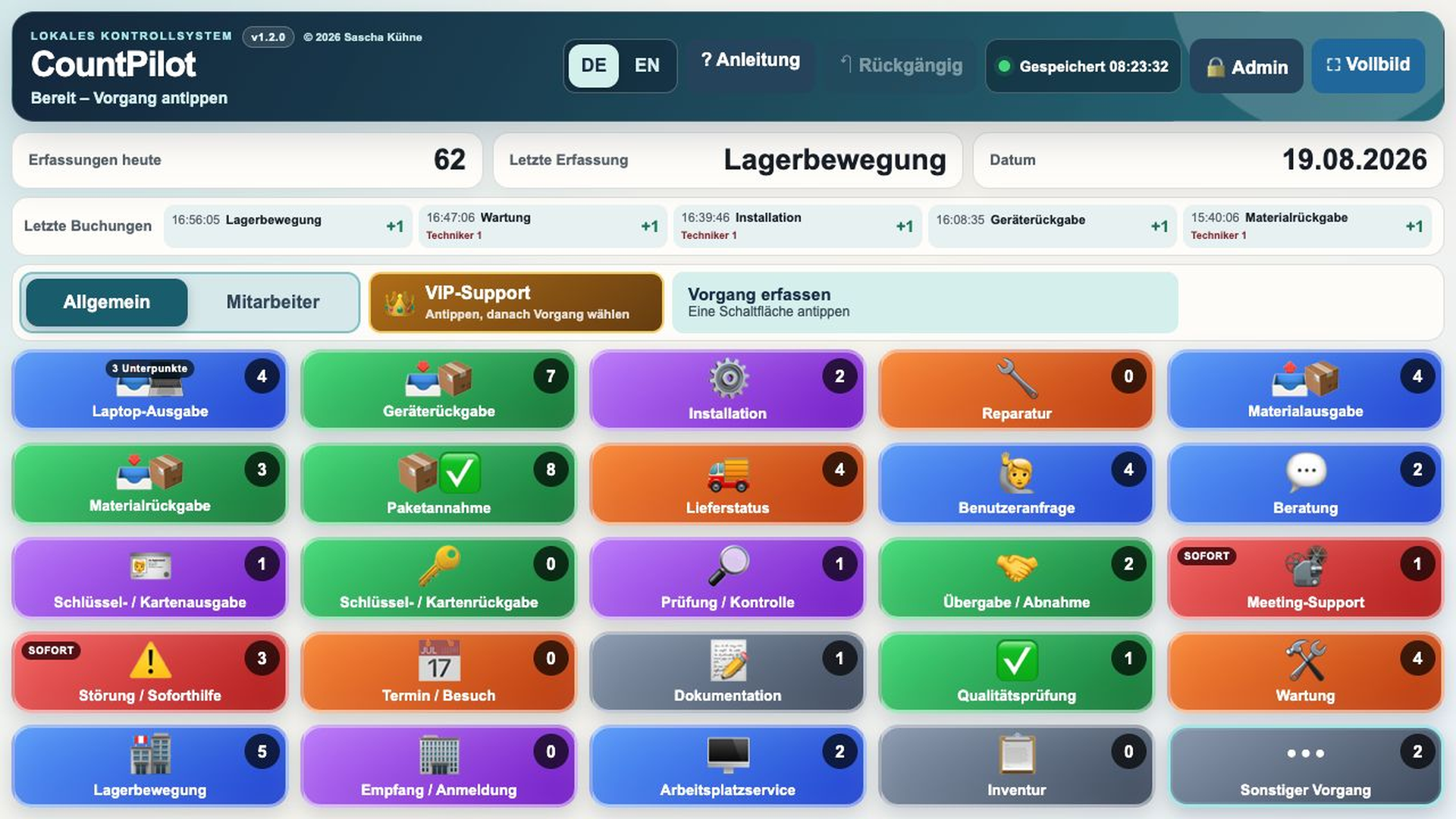CountPilot-Touchoberfläche mit frei konfigurierbaren Servicevorgängen
